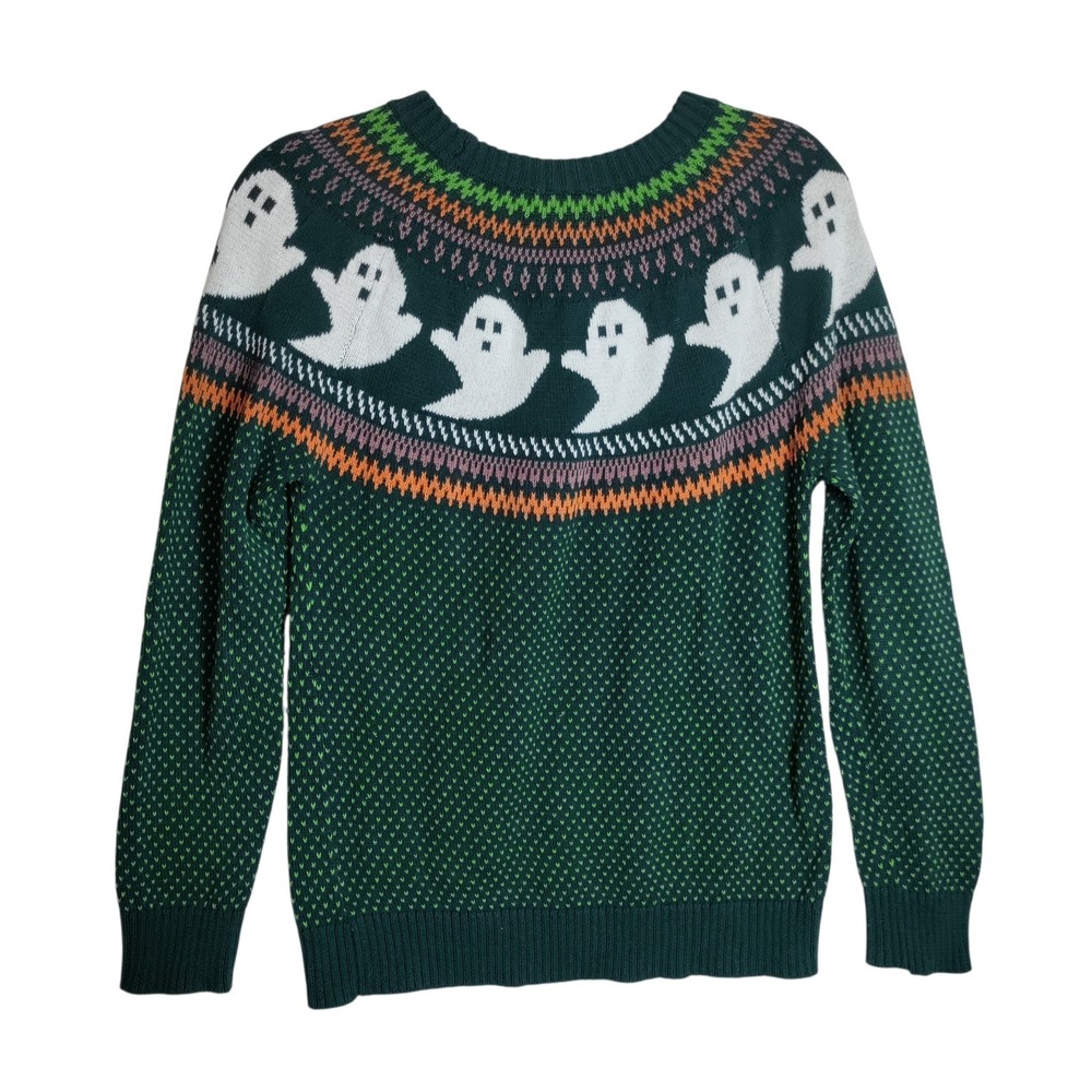 ModCloth Womens Green Ghost Fair Isle Halloween Cotton Knit Sweater Small - Picture 2 of 7